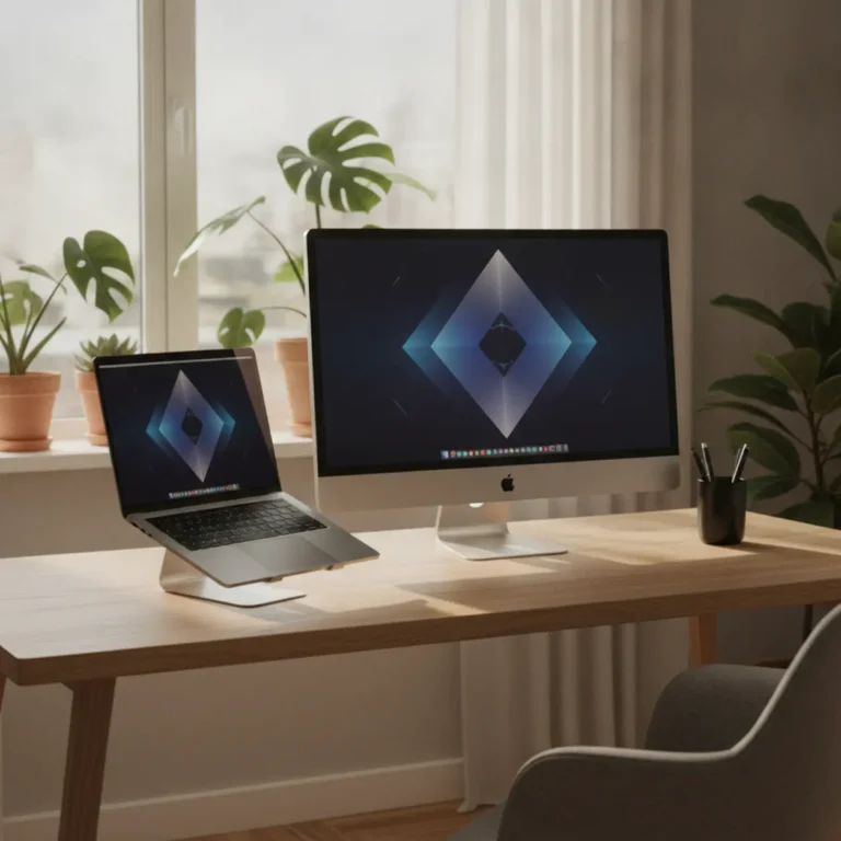 Een moderne thuiswerkplek met een MacBook die is klaargemaakt voor de nieuwe macOS 27 beta.