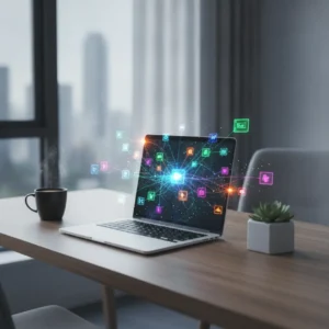 Een moderne thuiswerkplek waar werkprocessen efficiënt worden geautomatiseerd met Workato of Zapier.
