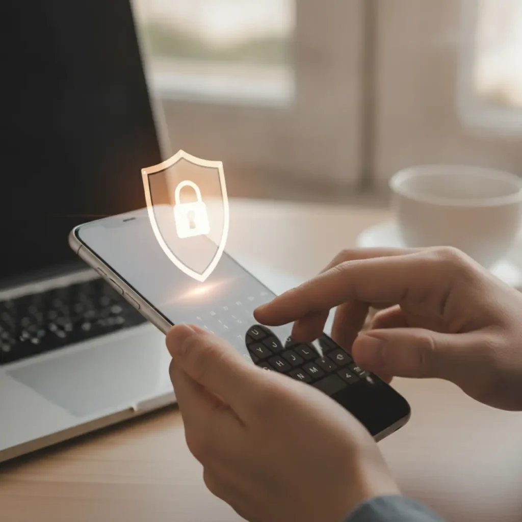Een professional gebruikt een veilig Android toetsenbord op een smartphone om zakelijke data te beschermen.