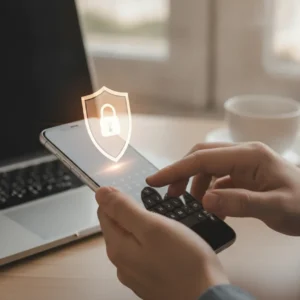 Een professional gebruikt een veilig Android toetsenbord op een smartphone om zakelijke data te beschermen.