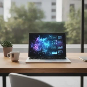Een moderne thuiswerkplek met een laptop die symbool staat voor de efficiënte AI-functionaliteiten van Gemini Notebook.