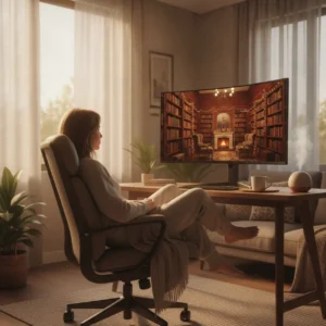 Een sfeervolle thuiswerkplek waar iemand rust vindt door een virtuele bibliotheek op te ruimen.