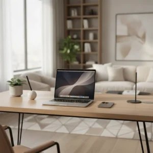 Een moderne thuiswerkplek met een MacBook en iPhone waarop de nieuwe iOS 27 en macOS 27 bèta draait.