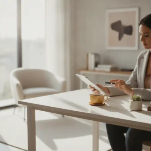 Een moderne thuiswerkplek waar een hybride professional productiever communiceert dankzij de nieuwste WhatsApp updates op tablet en smartphone.