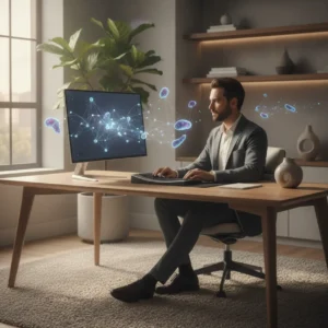 Een professional in een modern thuiskantoor focust zich op AI en de toekomst van thuiswerken.