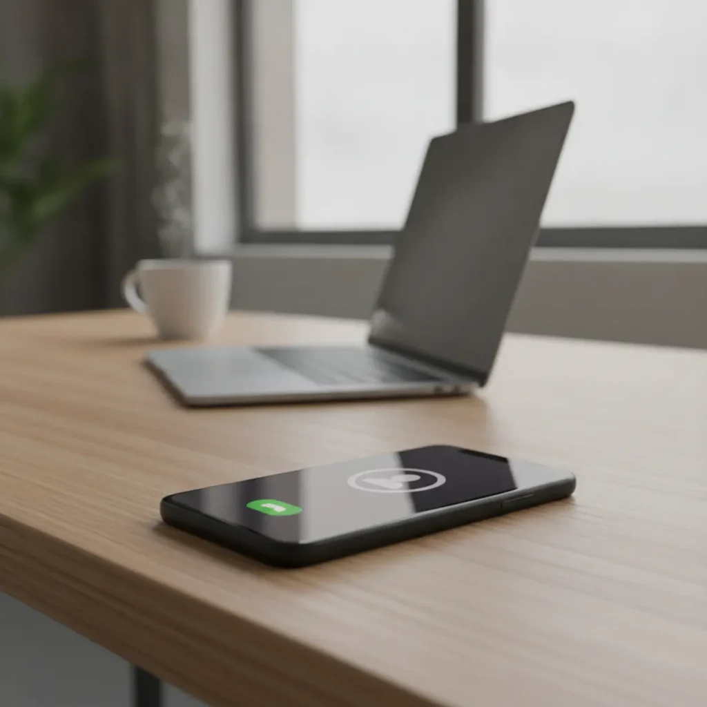 Een smartphone op een bureau met een inkomend videogesprek ter illustratie van FaceTime oplichting.