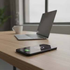 Een smartphone op een bureau met een inkomend videogesprek ter illustratie van FaceTime oplichting.