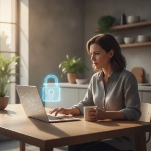 Een gestreste thuiswerker aan de keukentafel, wat de risico's van bedrijfsdocumenten naar privémail sturen en ontslag illustreert.