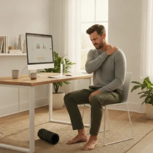 Een thuiswerker masseert een pijnlijke spier achter het bureau vanwege extreme spierpijn na een intensieve workout.