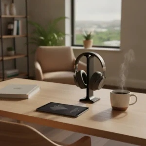 Een smartphone-formaat Boox Palma e-reader op een modern bureau voor het instellen van een optimale leeservaring.