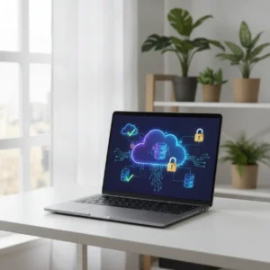 Een moderne thuiswerkplek met een beveiligde laptop om onverwachte datalekken bij thuiswerkers te voorkomen.