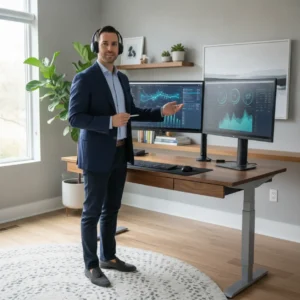 Een financiële professional werkt met AI software op een ergonomische thuiswerkplek.