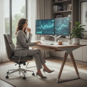 Een financiële thuiswerker analyseert veilig data op dubbele monitoren met behulp van AI op een moderne thuiswerkplek.
