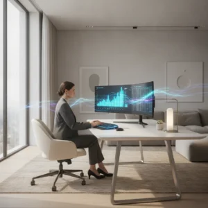 Een financieel professional die vanuit een modern thuiskantoor AI inzet voor efficiënte accountancy.