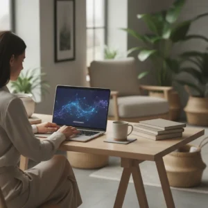 Een professional werkt efficiënt op een laptop met behulp van de beste AI zoekmachines tijdens het thuiswerken.