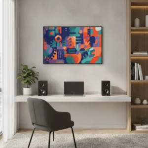 Een modern thuiskantoor met een digitaal album display aan de muur voor het tonen van inspirerende albumhoezen.