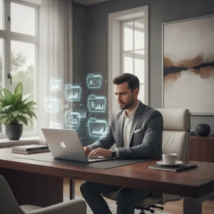 Een financiële professional werkt thuis veilig aan een gestructureerd digitaal klantdossier met AI-ondersteuning.