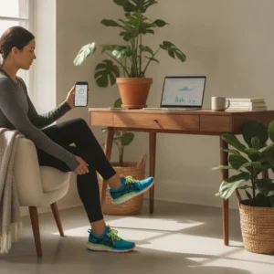 Een thuiswerker trekt hardloopschoenen aan om de nieuwe Spotify hardloopfunctie te testen tijdens de werkpauze.
