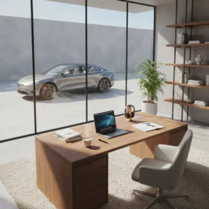 Een moderne thuiswerkplek met uitzicht op een elektrische auto als voorbereiding op de belasting voor leaseauto's in 2027.