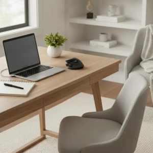 Een moderne 14 inch laptop op een bureau, de ideale setup voor een productieve en ergonomische thuiswerkplek.