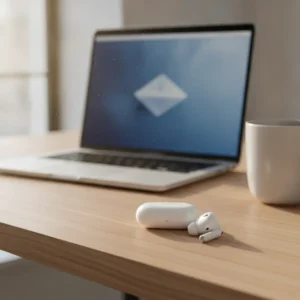 De Apple AirPods 4 met actieve ruisonderdrukking (ANC) op een moderne thuiswerkplek.