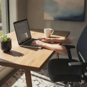 Een stijlvolle en moderne thuiswerkplek met een MacBook, waar je efficiënt werkt met de beste klembordbeheerder voor Mac.