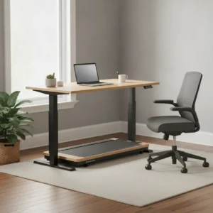 Een modern ingerichte thuiswerkplek voorzien van een in hoogte verstelbaar sta-bureau en het brede Unsit loopband bureau.
