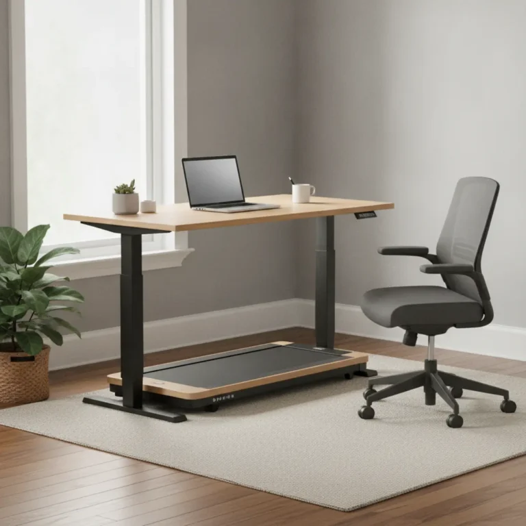 Een modern ingerichte thuiswerkplek voorzien van een in hoogte verstelbaar sta-bureau en het brede Unsit loopband bureau.
