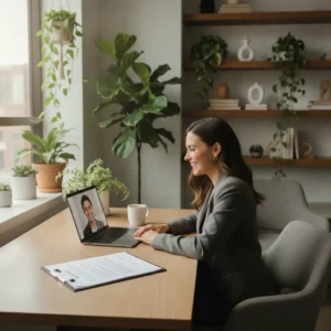 Een thuiswerker bespreekt de belangrijke details van een vof contract via een videocall met een zakelijke partner.