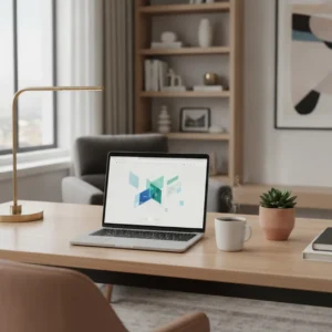 Een georganiseerde thuiswerkplek met een laptop die symbool staat voor het gebruik van Chrome extensies voor meer productiviteit.