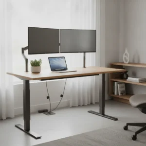Een modern iMovR Lander Lite zit-sta bureau op de ideale stahoogte in een stijlvolle en ergonomische thuiswerkplek.