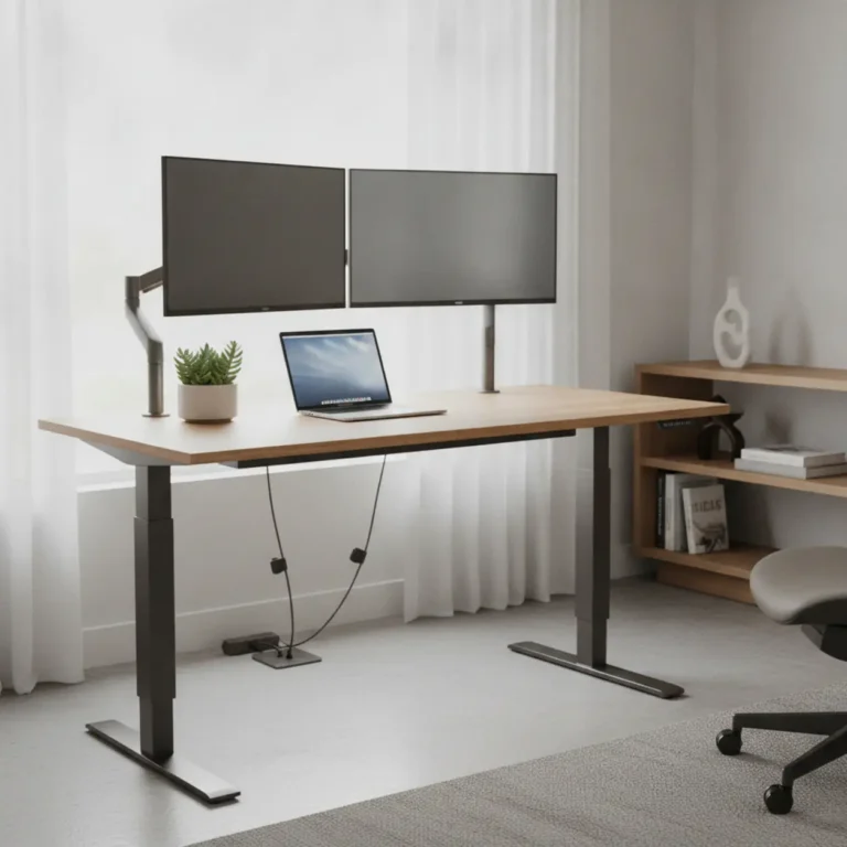 Een modern iMovR Lander Lite zit-sta bureau op de ideale stahoogte in een stijlvolle en ergonomische thuiswerkplek.