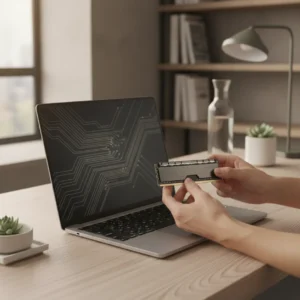 Een modern RAM-geheugenmodule voor het versnellen van een trage thuiswerk pc.