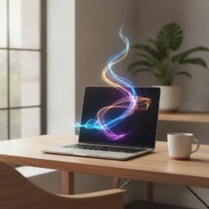 Een moderne thuiswerkplek met een oplichtende laptop die de efficiëntie van een agentic AI browser illustreert.