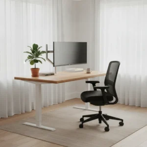 Een modern en ergonomisch berkenhouten zit-sta bureau in een stijlvol ingerichte thuiswerkplek.