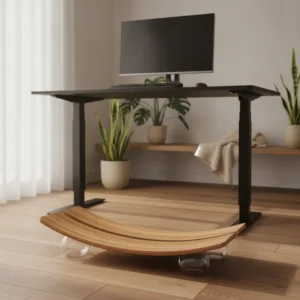 Een modern Pono balansbord met luchtgeveerde poten onder een zit-sta bureau in een ergonomische thuiswerkplek.