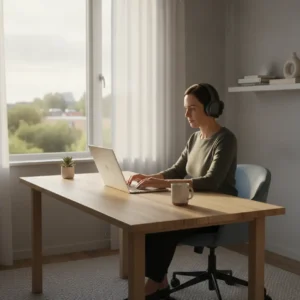 Een geconcentreerde professional met een noise-canceling koptelefoon ervaart optimale focus tijdens het thuiswerken dankzij een Pandora abonnement.