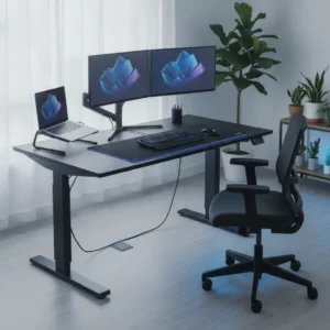 Een volledig opgebouwd Eureka Z60 gaming bureau ingericht als professionele en ergonomische thuiswerkplek.