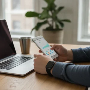 Een persoon bekijkt gezondheidsstatistieken op een iPhone na succesvol de Fitbit koppelen aan Apple Health.