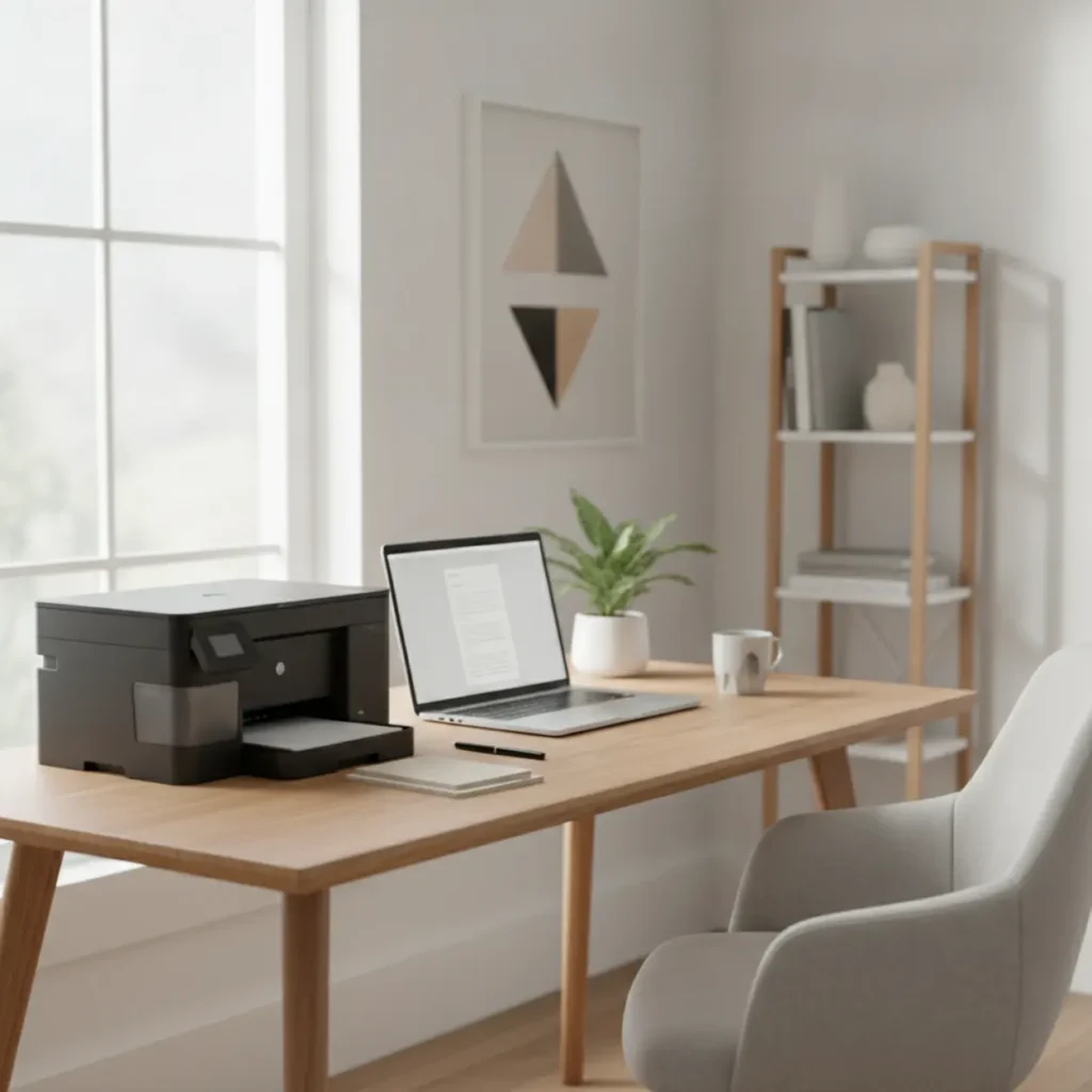 Een moderne en slimme inkt tank printer op een opgeruimd bureau in een comfortabele thuiswerkplek.