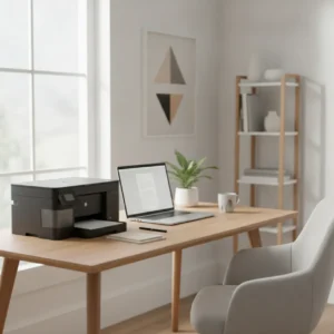 Een moderne en slimme inkt tank printer op een opgeruimd bureau in een comfortabele thuiswerkplek.