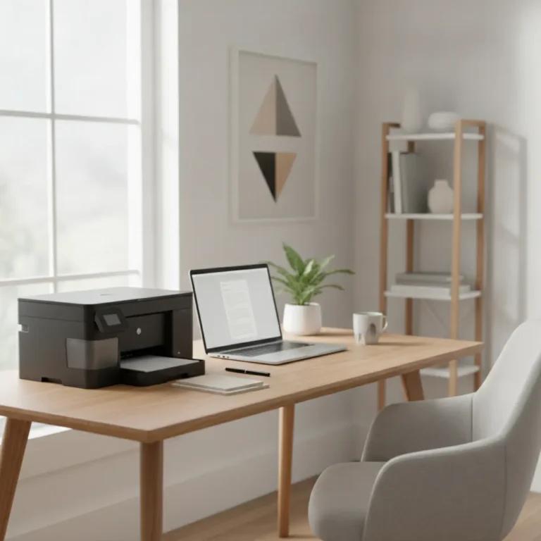 Een moderne en slimme inkt tank printer op een opgeruimd bureau in een comfortabele thuiswerkplek.
