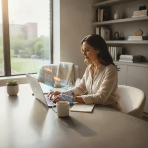 Een gemotiveerde professional die succesvol leert solliciteren met AI vanuit een modern thuiskantoor.