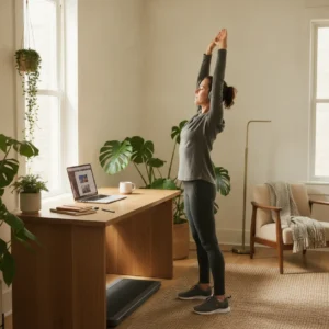 Een thuiswerker rekt zich uit naast het bureau tijdens een audio workout via Spotify fitness.