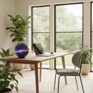 Een moderne thuiswerkplek met slimme hardware en een AI chatbot voor efficiënter werken.