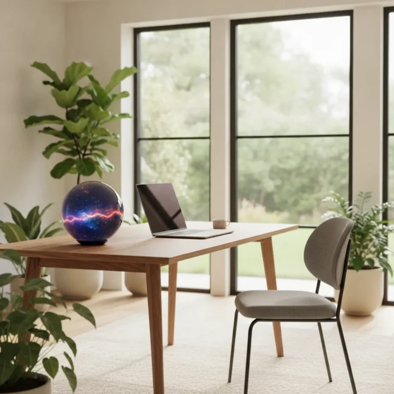 Een moderne thuiswerkplek met slimme hardware en een AI chatbot voor efficiënter werken.