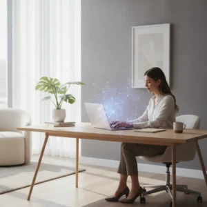 Een thuiswerker achter een laptop in een modern kantoor waar shadow AI veilig wordt ingezet.