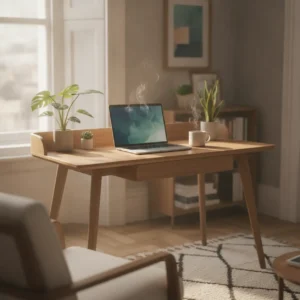 Een modern ingericht thuiskantoor dat laat zien hoe technologie thuiswerken comfortabeler en productiever maakt.