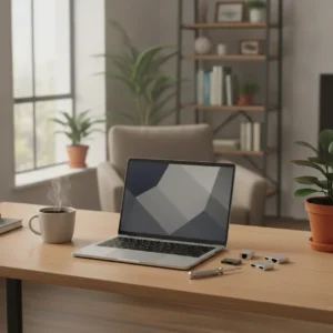 Een modulaire Framework Laptop 12 met verwisselbare poorten op een bureau in een modern thuiskantoor.