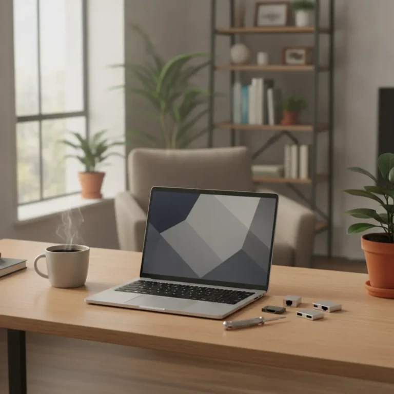 Een modulaire Framework Laptop 12 met verwisselbare poorten op een bureau in een modern thuiskantoor.
